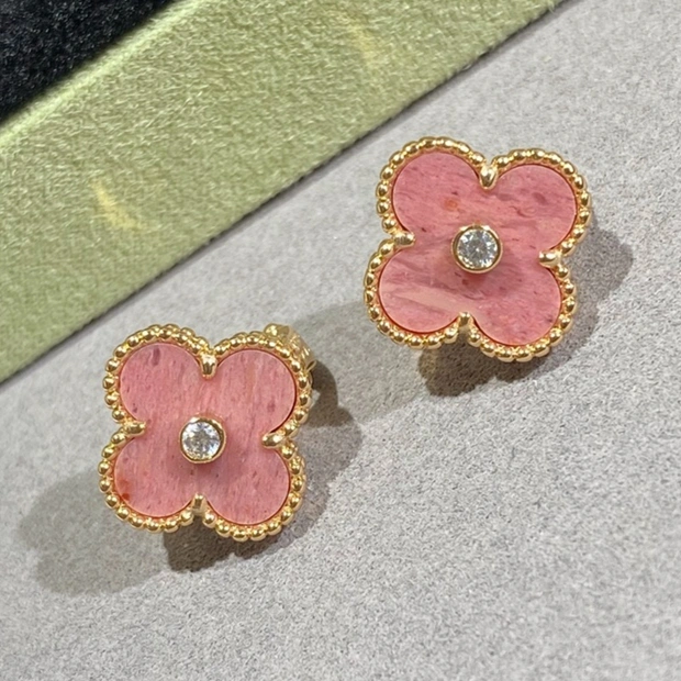 New Style VCA Vintage Alhambra Pendant and Earrings Champagne Gold With Diamond and Rhodonite For Best Gift Girls