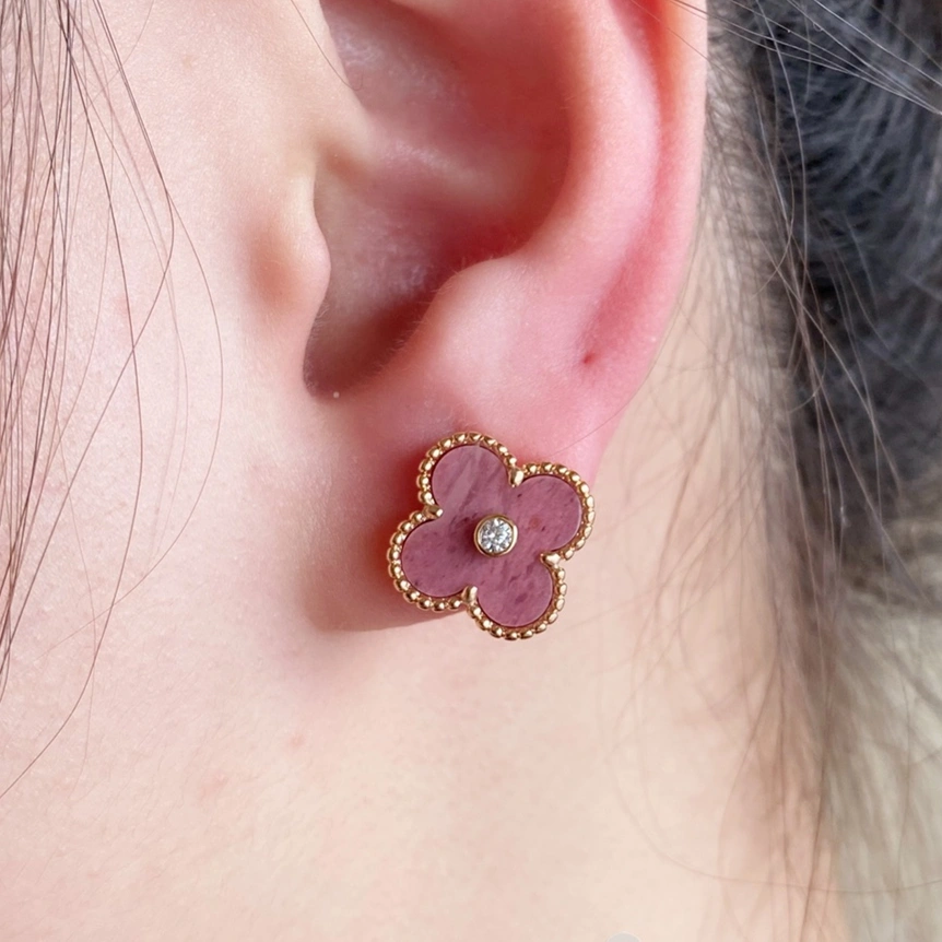 New Style VCA Vintage Alhambra Pendant and Earrings Champagne Gold With Diamond and Rhodonite For Best Gift Girls