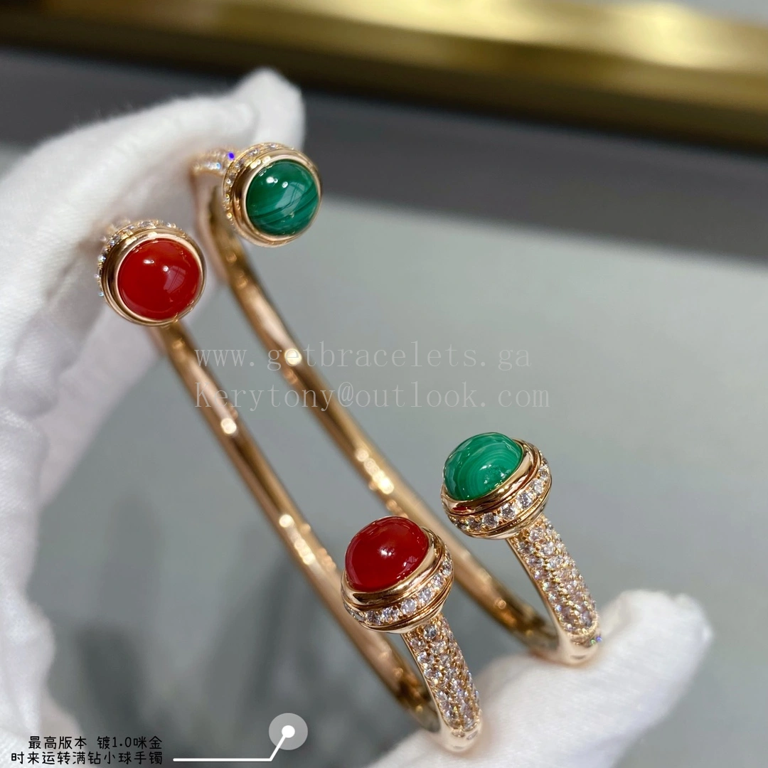 Piaget Possession Open Bangle Bracelet Carnelian Cabochons Malachite Cabochons With Pave Diamonds Rose Gold