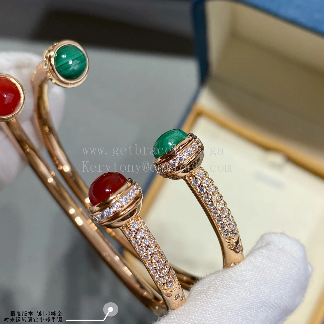 Piaget Possession Open Bangle Bracelet Carnelian Cabochons Malachite Cabochons With Pave Diamonds Rose Gold