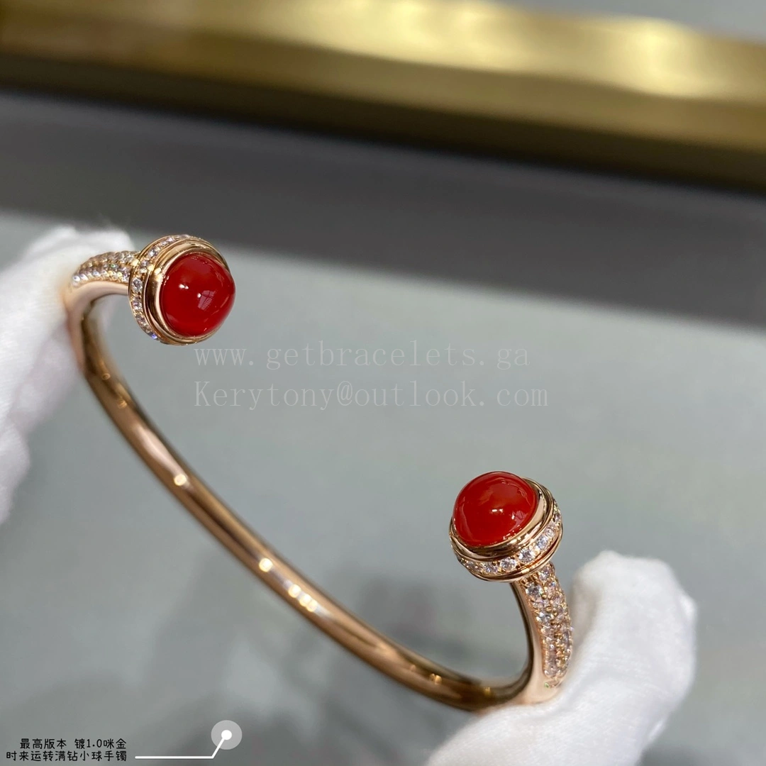 Piaget Possession Open Bangle Bracelet Carnelian Cabochons Malachite Cabochons With Pave Diamonds Rose Gold