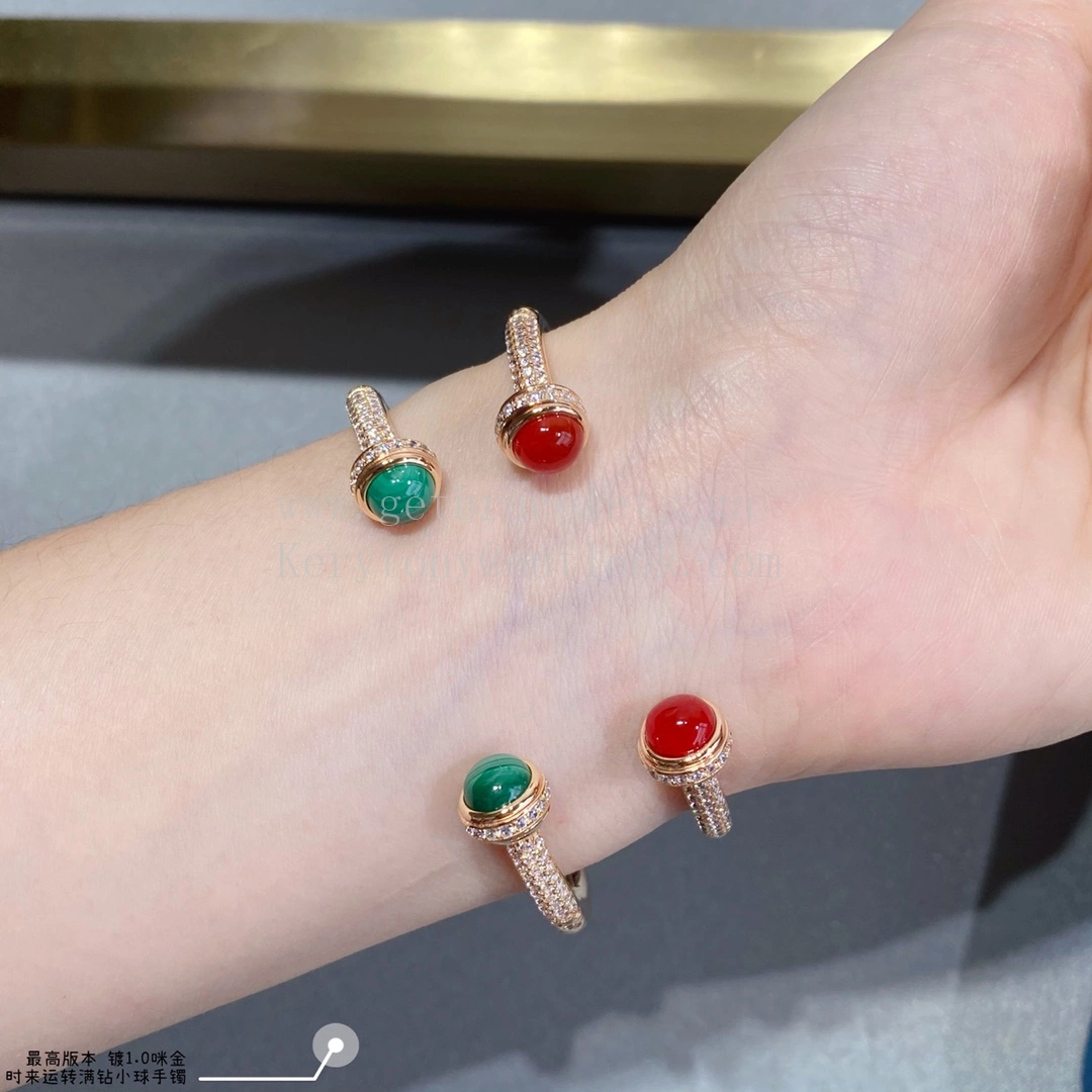 Piaget Possession Open Bangle Bracelet Carnelian Cabochons Malachite Cabochons With Pave Diamonds Rose Gold