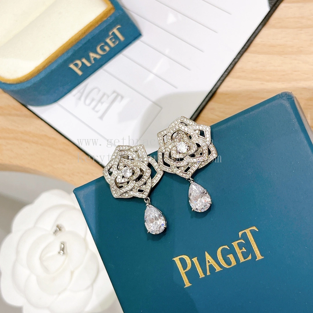 Piaget Rose Earrings 925 Silver with Diamonds