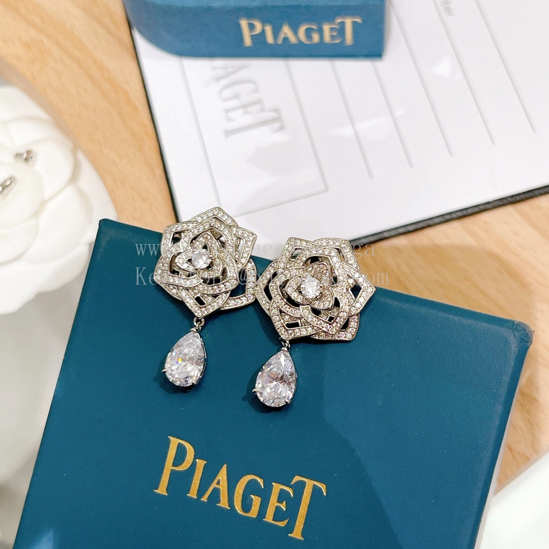 Piaget Rose Earrings 925 Silver with Diamonds