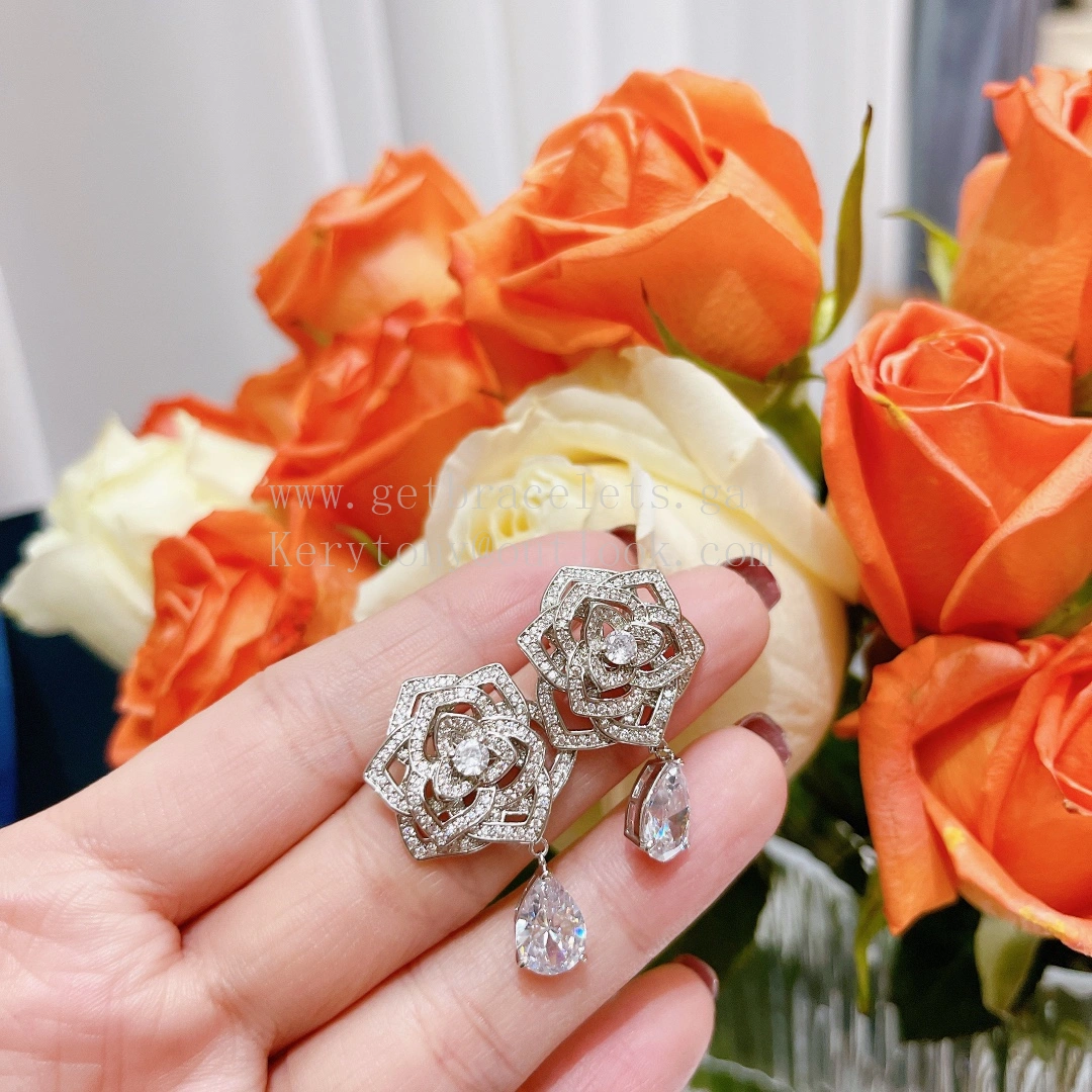 Piaget Rose Earrings 925 Silver with Diamonds