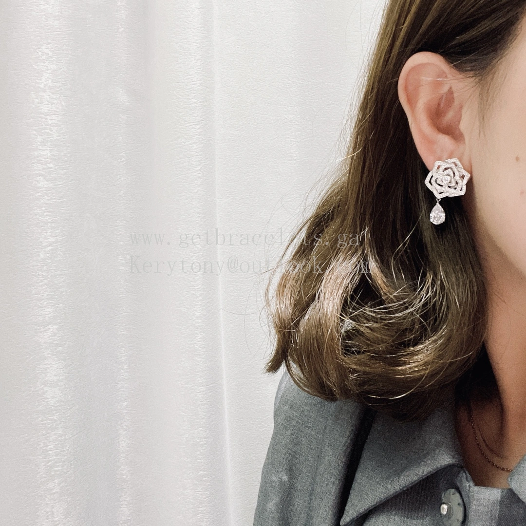 Piaget Rose Earrings 925 Silver with Diamonds