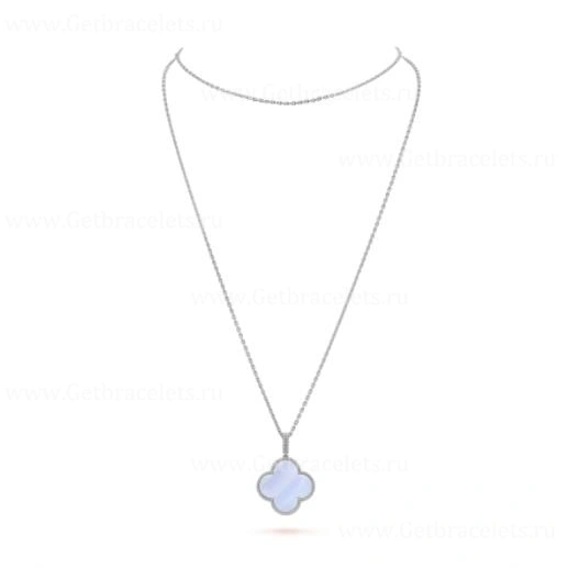 Replica Van Cleef Arpels Magic Alhambra Long Necklace 1 Motif Pendant White Gold Chalcedony