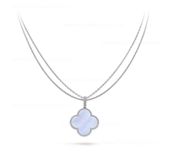 Replica Van Cleef Arpels Magic Alhambra Long Necklace 1 Motif Pendant White Gold Chalcedony