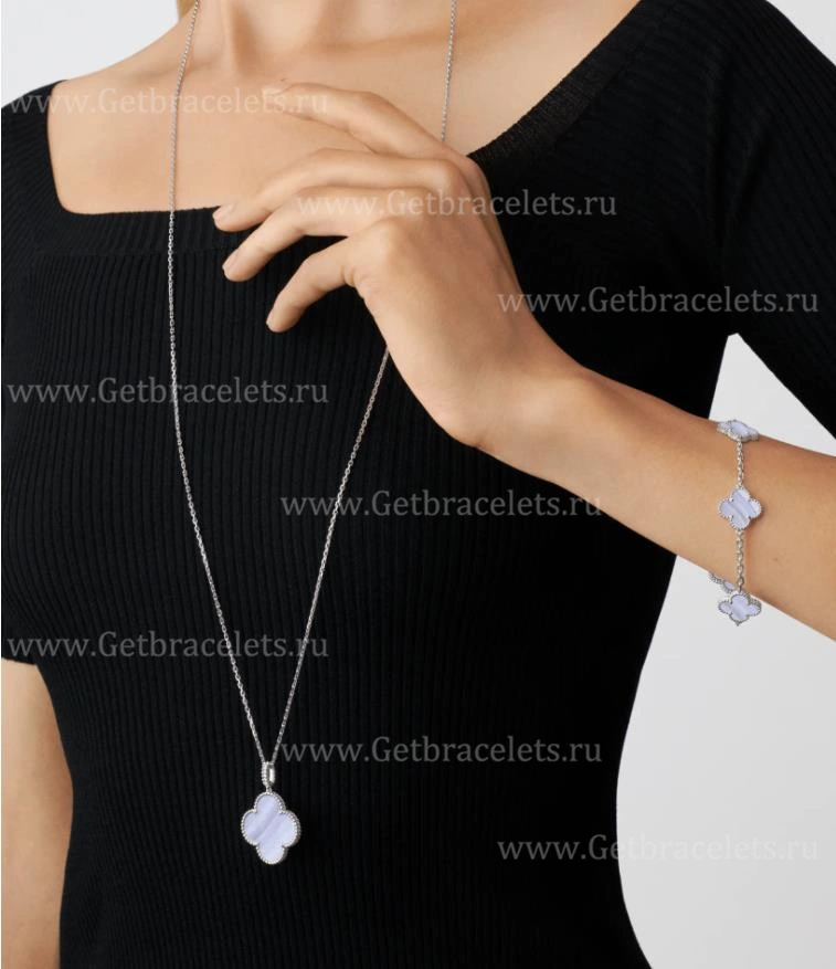 Replica Van Cleef Arpels Magic Alhambra Long Necklace 1 Motif Pendant White Gold Chalcedony