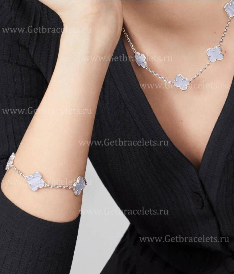 Replica Van Cleef Arpels Magic Alhambra Long Necklace 10 Motif Pendant White Gold Chalcedony