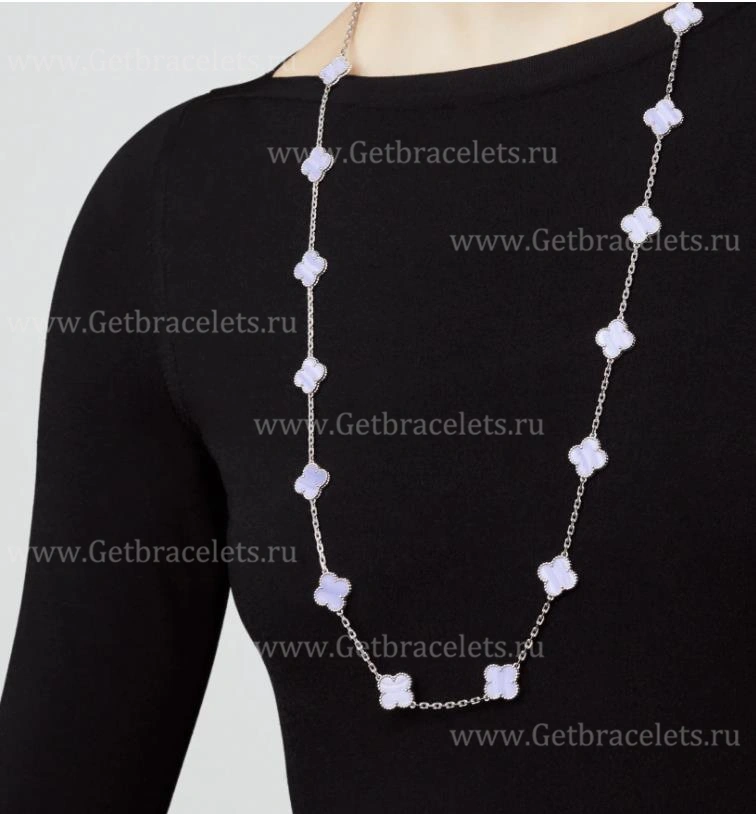 Replica Van Cleef Arpels Magic Alhambra Long Necklace 20 Motif Pendant White Gold Chalcedony