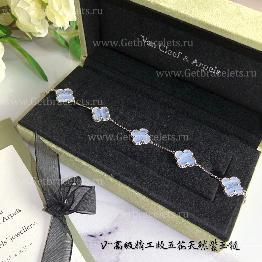 Replica Van Cleef Arpels Vintage Alhambra Bracelet 5 Motif White Gold Chalcedony