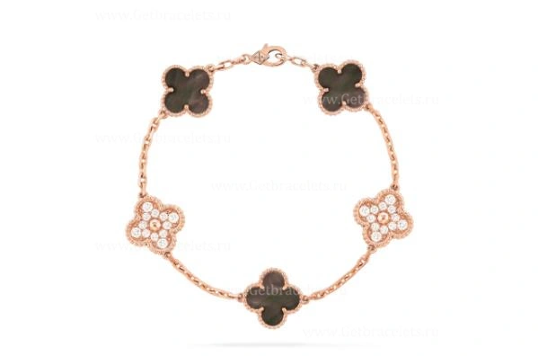 Replica Van Cleef Arpels Vintage Alhambra Bracelet 5 motifs With Diamonds and Gray Mother-of-pearl