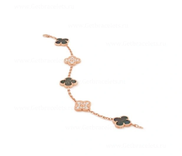 Replica Van Cleef Arpels Vintage Alhambra Bracelet 5 motifs With Diamonds and Gray Mother-of-pearl