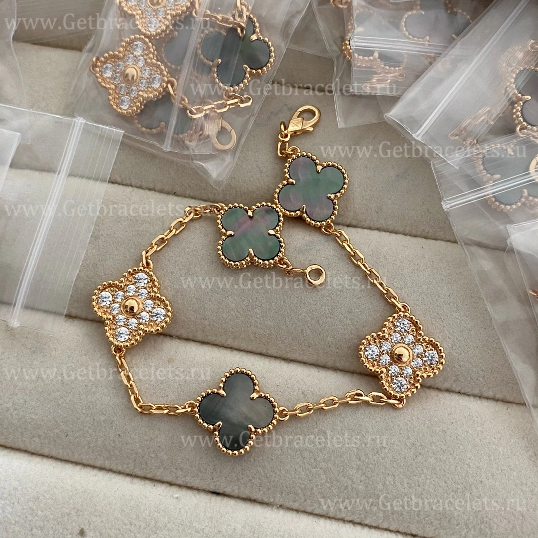 Replica Van Cleef Arpels Vintage Alhambra Bracelet 5 motifs With Diamonds and Gray Mother-of-pearl