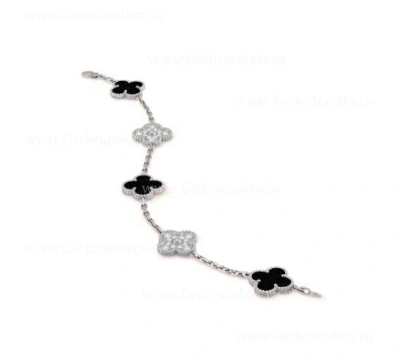 Replica Van Cleef Arpels Vintage Alhambra Bracelet 5 motifs With Diamonds and Onyx
