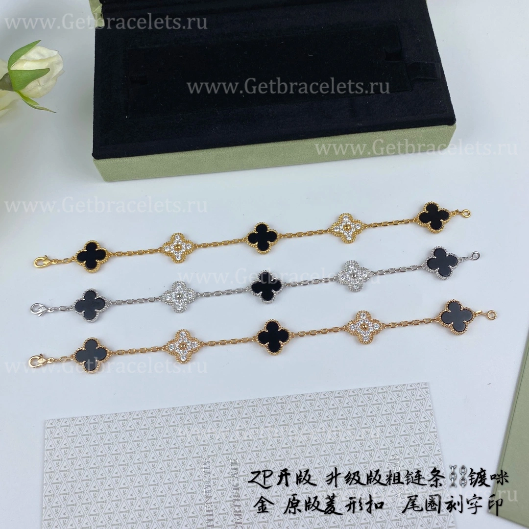 Replica Van Cleef Arpels Vintage Alhambra Bracelet 5 motifs With Diamonds and Onyx