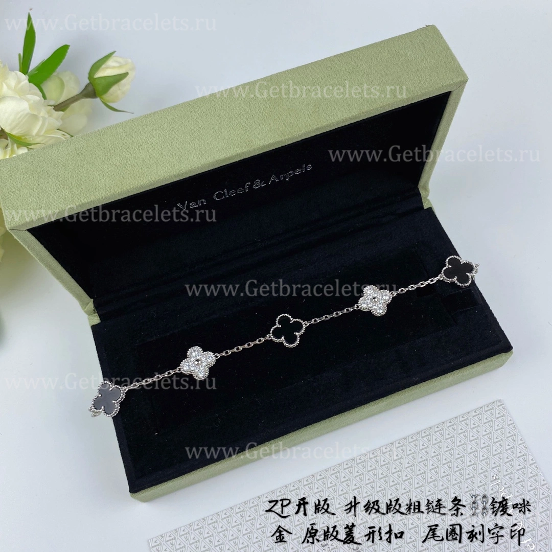 Replica Van Cleef Arpels Vintage Alhambra Bracelet 5 motifs With Diamonds and Onyx