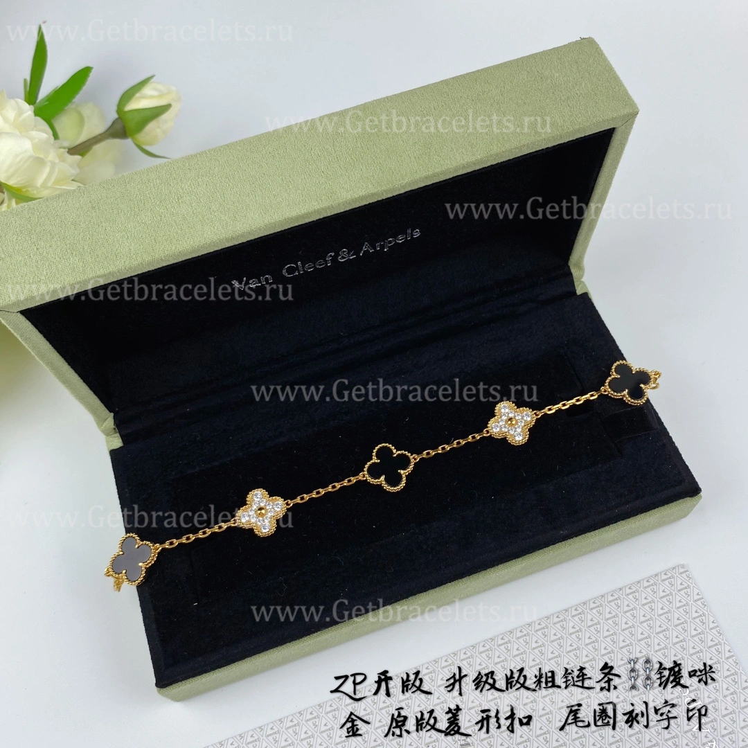 Replica Van Cleef Arpels Vintage Alhambra Bracelet 5 motifs With Diamonds and Onyx