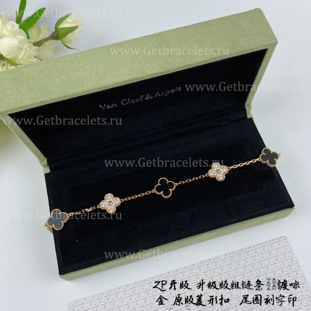 Replica Van Cleef Arpels Vintage Alhambra Bracelet 5 motifs With Diamonds and Onyx