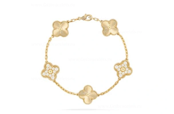 Replica Van Cleef Arpels Vintage Alhambra Bracelet 5 motifs Yellow Gold With Diamonds