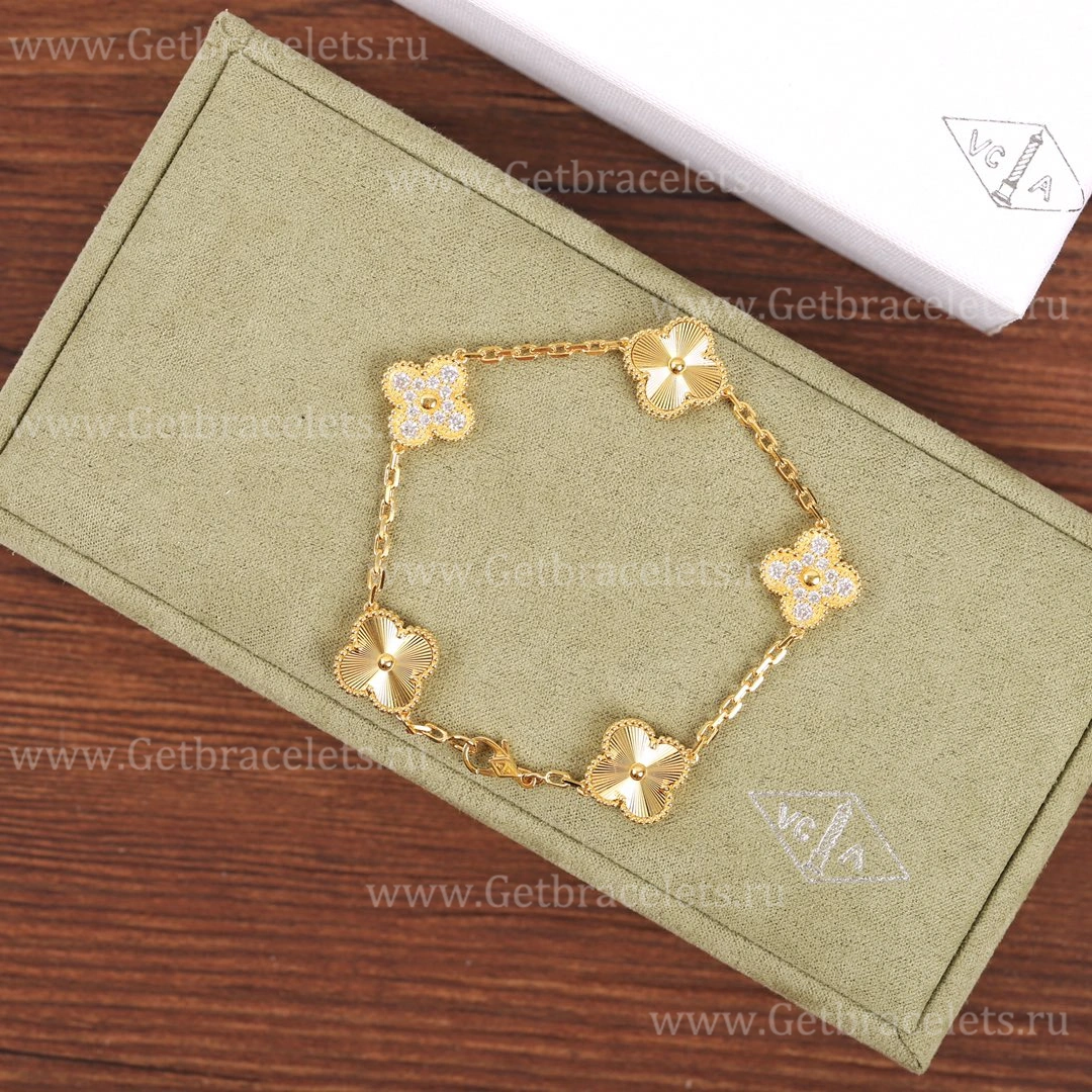 Replica Van Cleef Arpels Vintage Alhambra Bracelet 5 motifs Yellow Gold With Diamonds