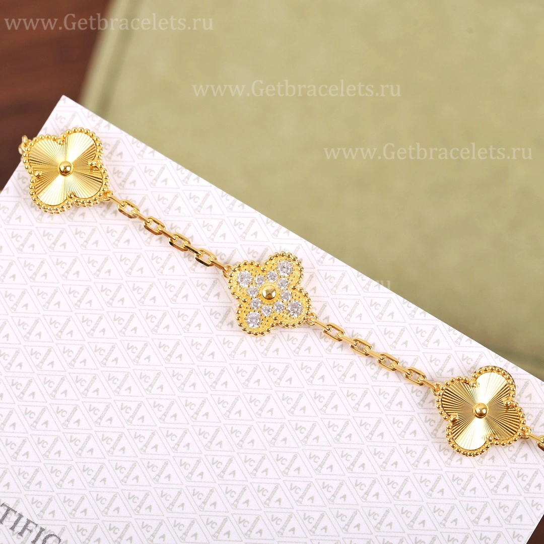 Replica Van Cleef Arpels Vintage Alhambra Bracelet 5 motifs Yellow Gold With Diamonds