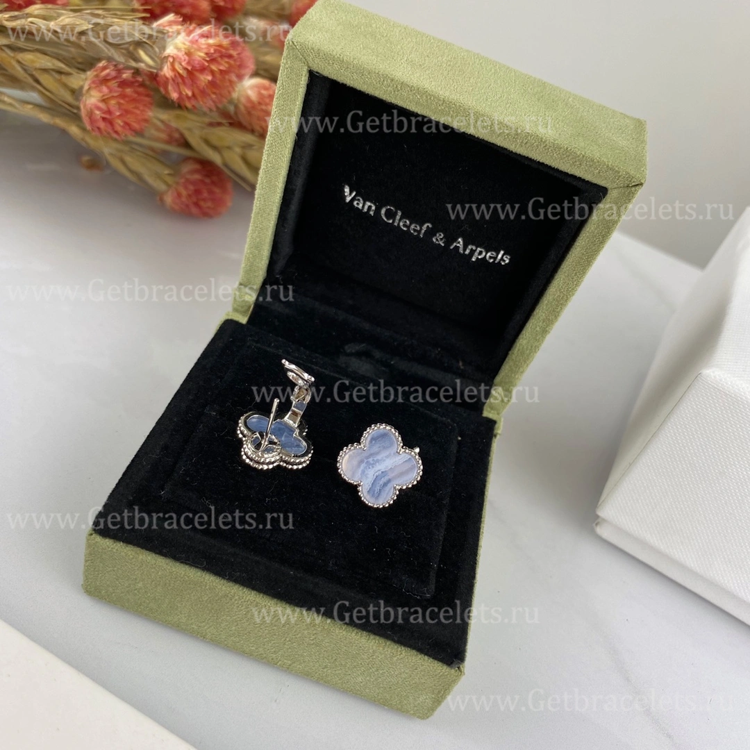 Replica Van Cleef Arpels Vintage Alhambra Earrings White Gold Chalcedony