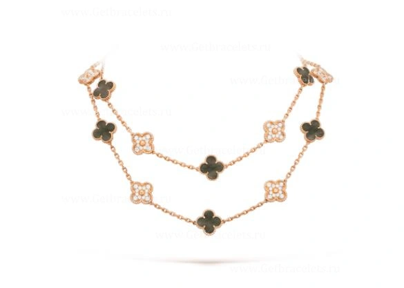 Replica Van Cleef Arpels Vintage Alhambra Long Necklace 20 Motifs Gray Mother-of-pearl With Diamonds