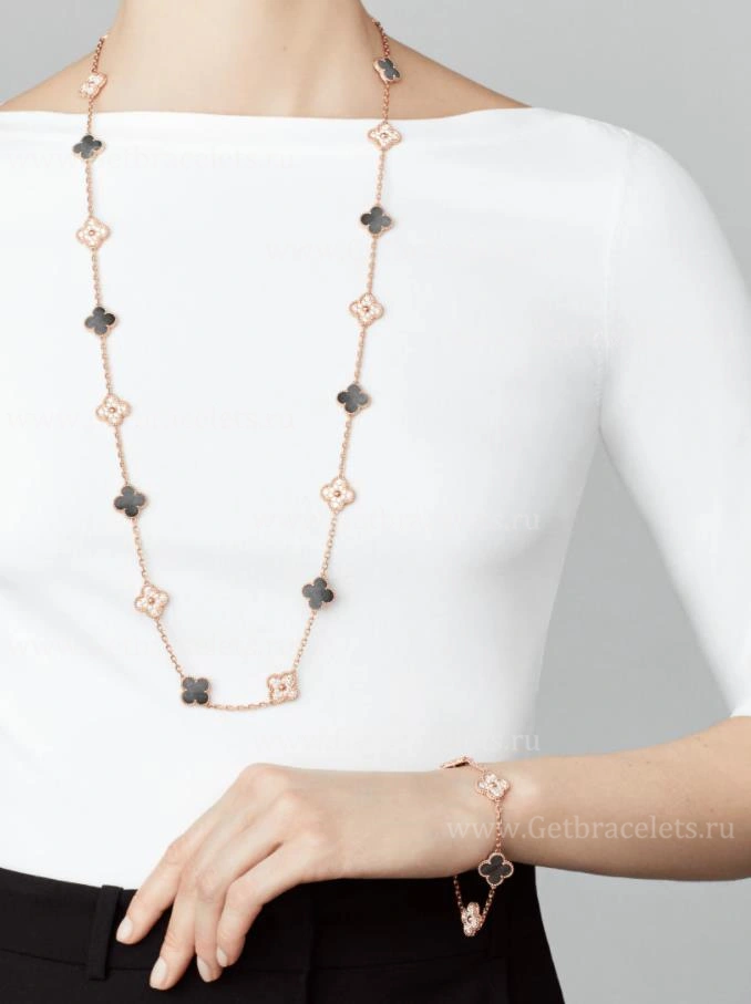 Replica Van Cleef Arpels Vintage Alhambra Long Necklace 20 Motifs Gray Mother-of-pearl With Diamonds