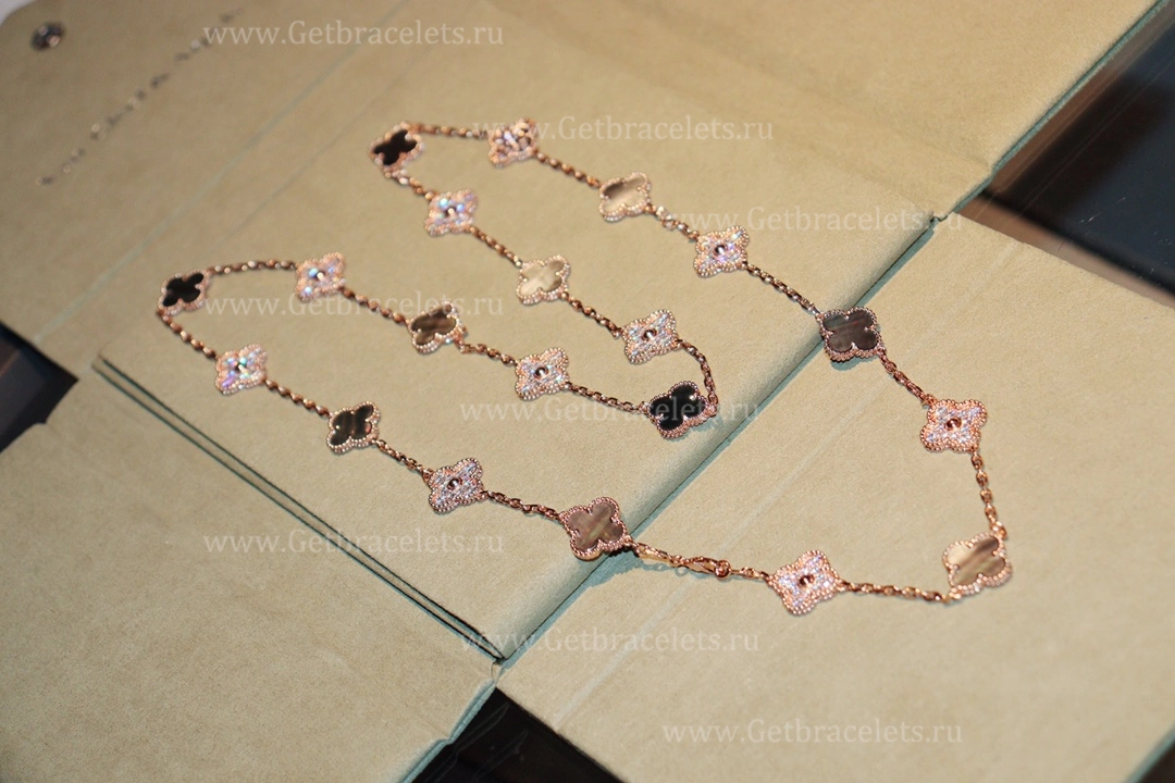 Replica Van Cleef Arpels Vintage Alhambra Long Necklace 20 Motifs Gray Mother-of-pearl With Diamonds