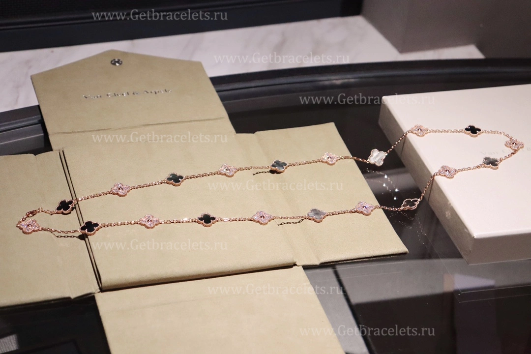 Replica Van Cleef Arpels Vintage Alhambra Long Necklace 20 Motifs Gray Mother-of-pearl With Diamonds