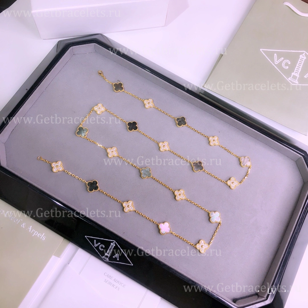 Replica Van Cleef Arpels Vintage Alhambra Long Necklace 20 Motifs Gray Mother-of-pearl With Diamonds