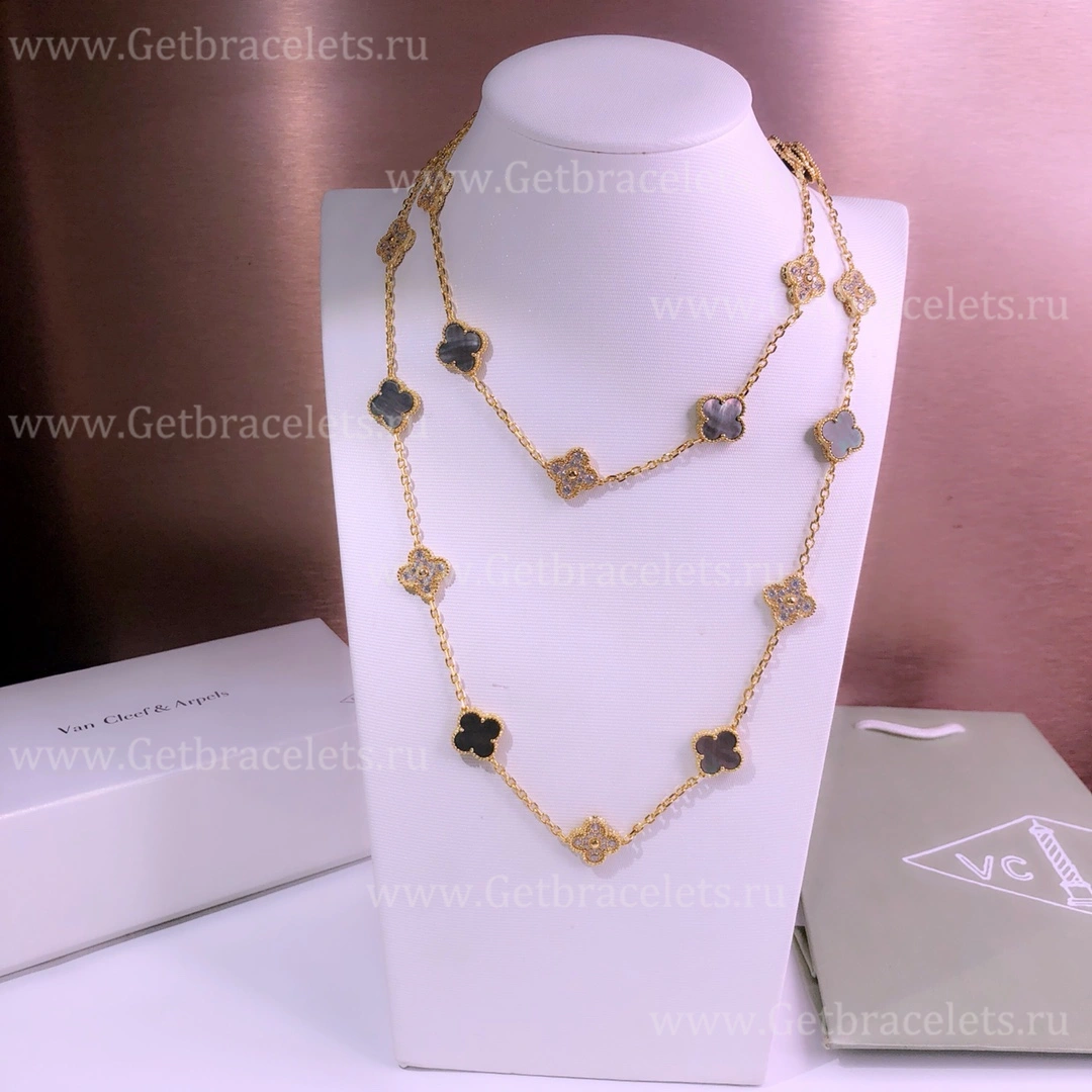 Replica Van Cleef Arpels Vintage Alhambra Long Necklace 20 Motifs Gray Mother-of-pearl With Diamonds