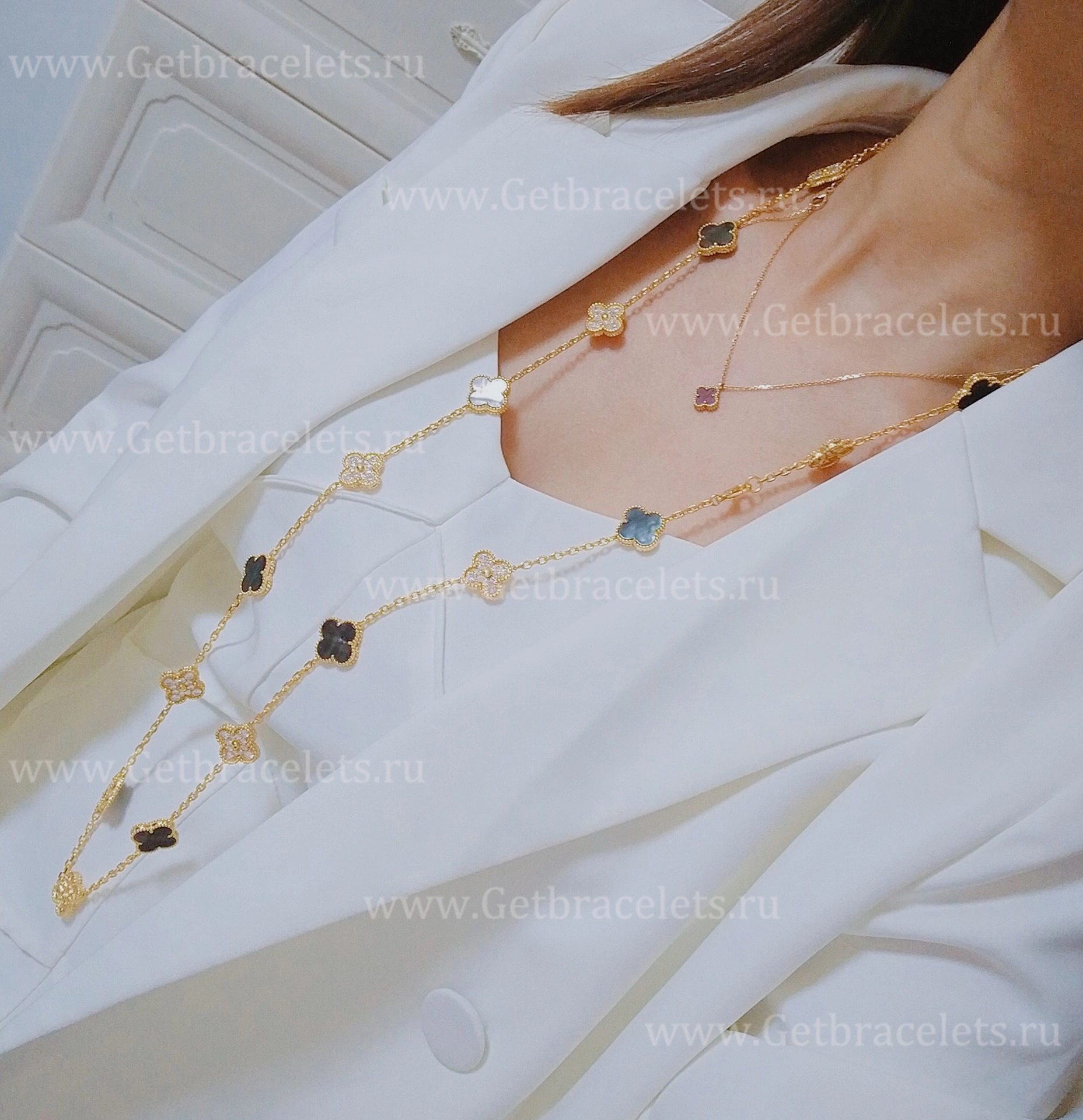 Replica Van Cleef Arpels Vintage Alhambra Long Necklace 20 Motifs Gray Mother-of-pearl With Diamonds