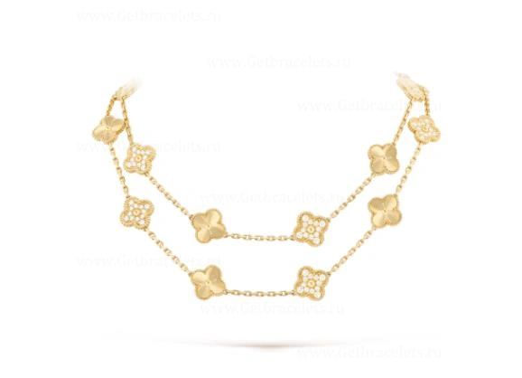 Replica Van Cleef Arpels Vintage Alhambra Long Necklace 20 Motifs Yellow Gold Diamonds