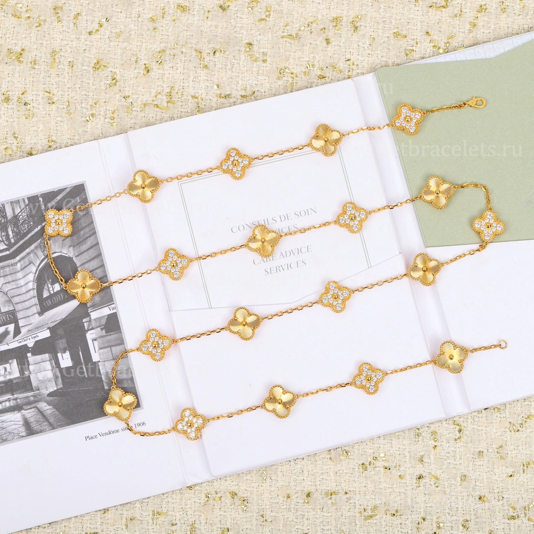 Replica Van Cleef Arpels Vintage Alhambra Long Necklace 20 Motifs Yellow Gold Diamonds