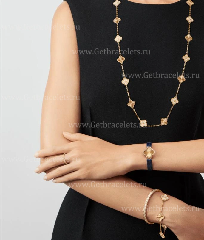 Replica Van Cleef Arpels Vintage Alhambra Long Necklace 20 Motifs Yellow Gold Diamonds