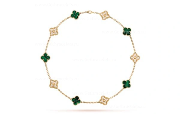 Replica Van Cleef Arpels Vintage Alhambra Necklace 10 Motifs Yellow Gold With Diamonds and Malachite