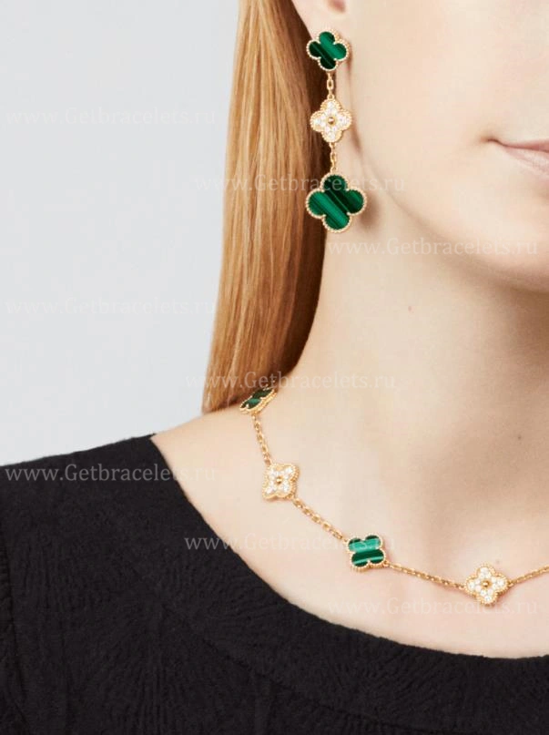 Replica Van Cleef Arpels Vintage Alhambra Necklace 10 Motifs Yellow Gold With Diamonds and Malachite