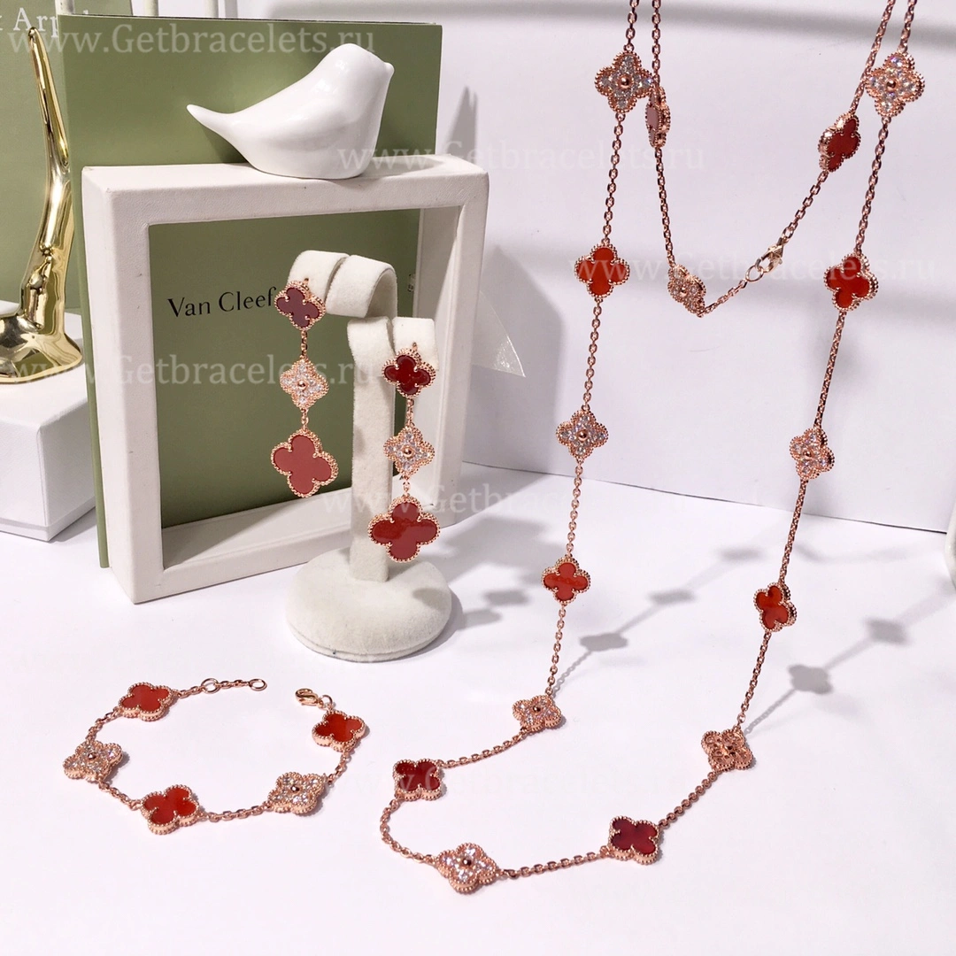Replica Van Cleef Arpels Vintage Alhambra With Diamonds Carnelian Set(3pcs