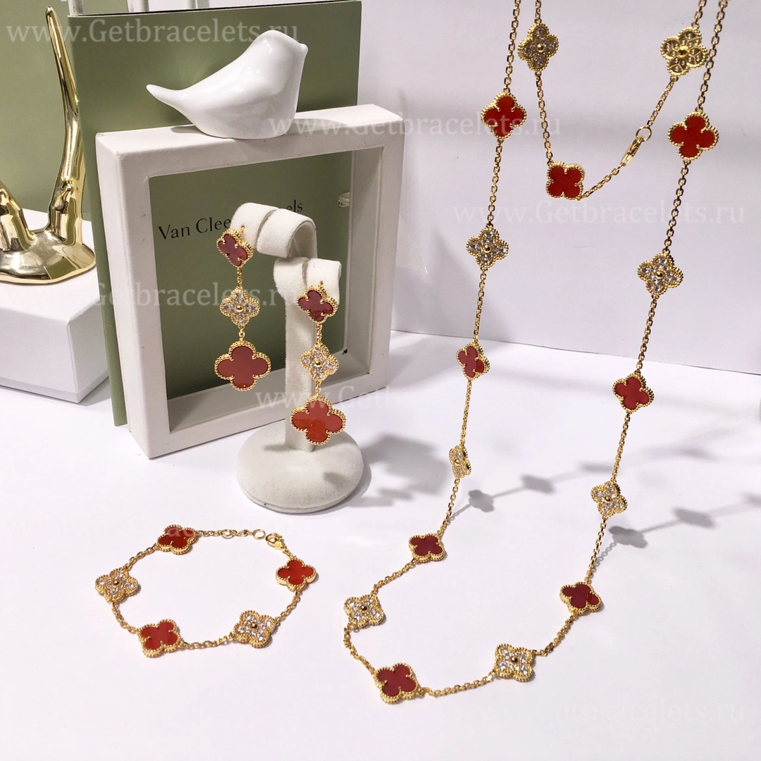 Replica Van Cleef Arpels Vintage Alhambra With Diamonds Carnelian Set(3pcs