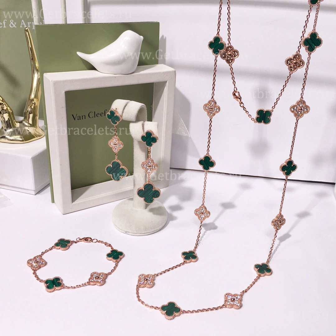 Replica Van Cleef Arpels Vintage Alhambra With Diamonds Malachite Set (3pcs