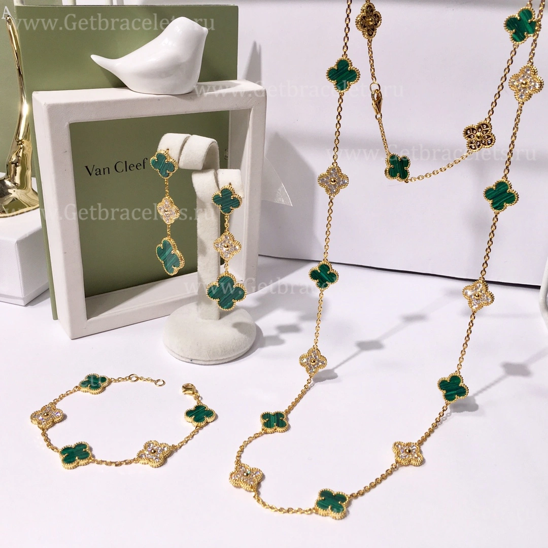 Replica Van Cleef Arpels Vintage Alhambra With Diamonds Malachite Set (3pcs