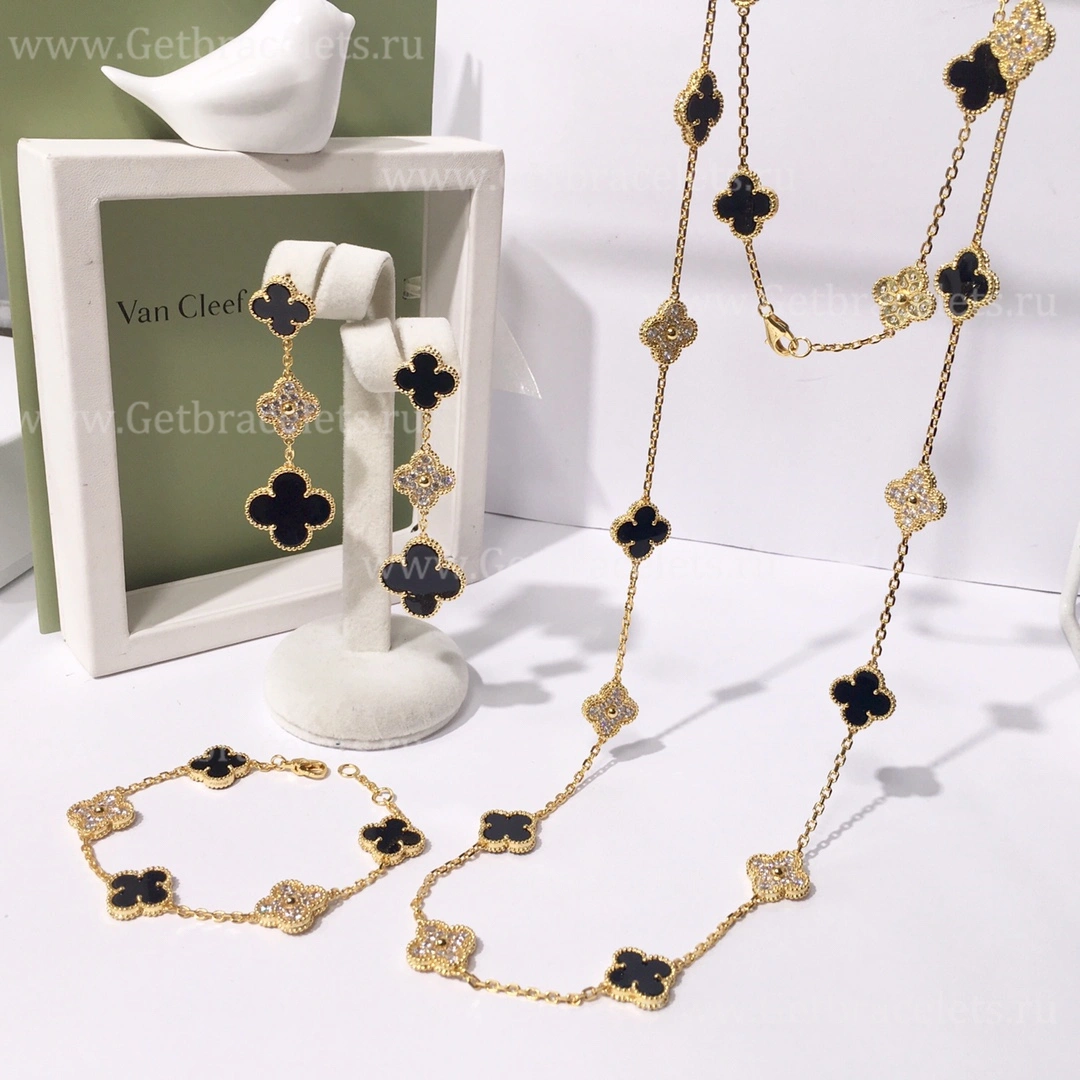 Replica Van Cleef Arpels Vintage Alhambra With Diamonds Onyx Set (3pcs