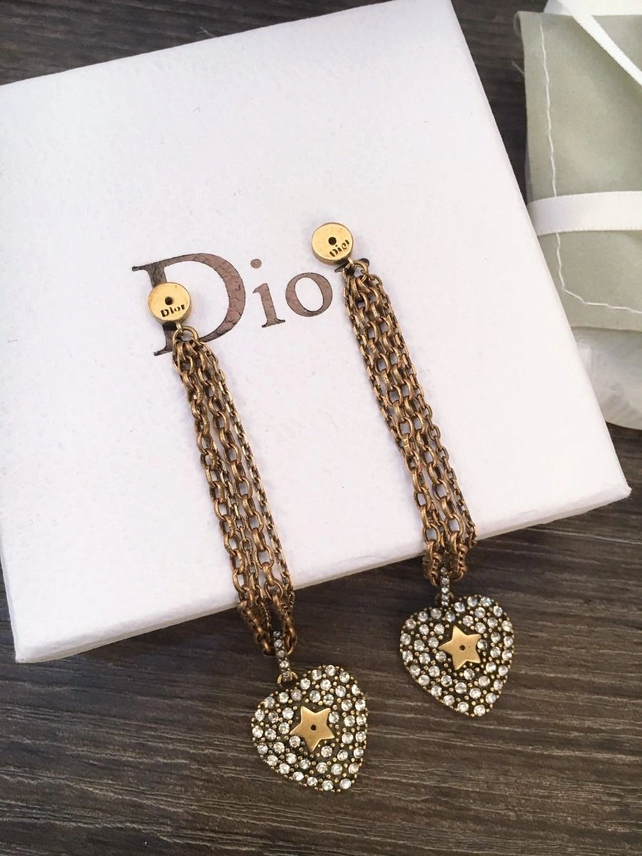 Retro Style Dior La Petite Tribale Heart Motif Paved Diamonds Link Tassel Female Brass Fake Drop Earrings Price List