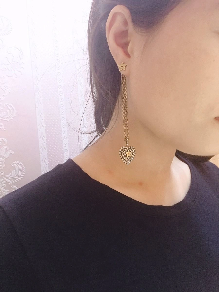 Retro Style Dior La Petite Tribale Heart Motif Paved Diamonds Link Tassel Female Brass Fake Drop Earrings Price List