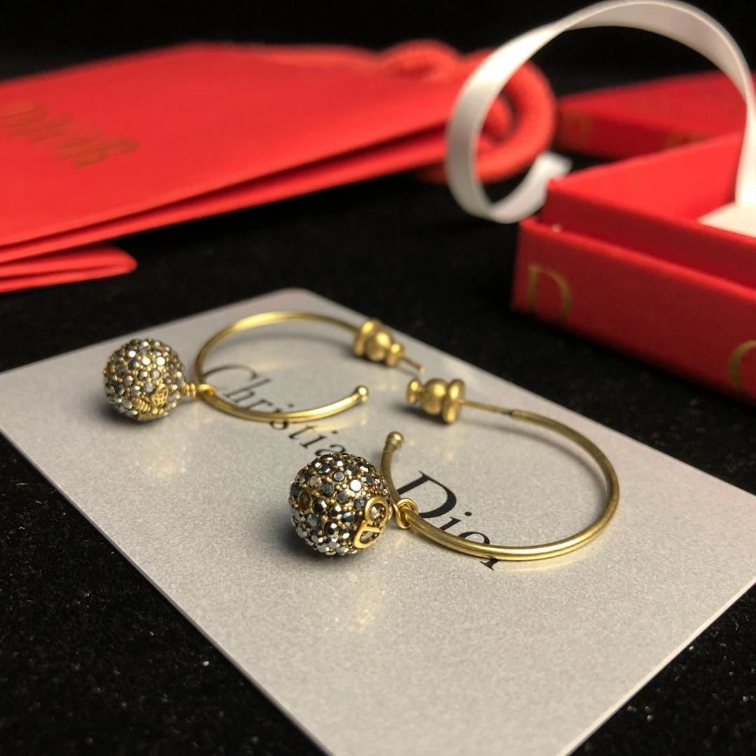Spring Dior Tresor De Tribales Pave Diamonds Balls Pendants Females Brass CD-Bee Fake Hoop Earrings