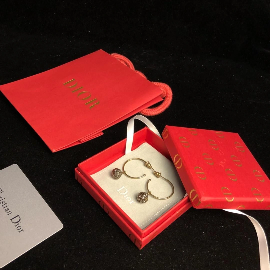 Spring Dior Tresor De Tribales Pave Diamonds Balls Pendants Females Brass CD-Bee Fake Hoop Earrings