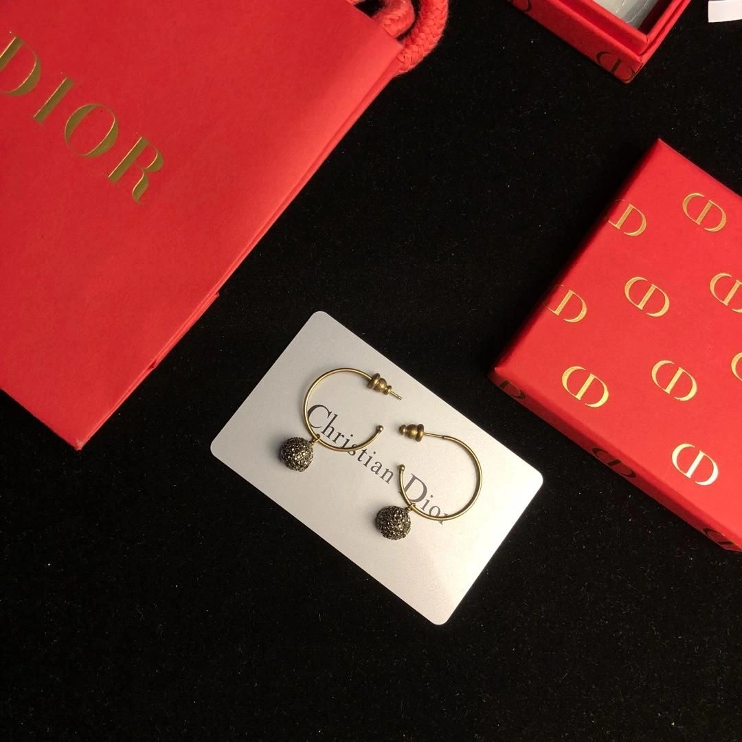 Spring Dior Tresor De Tribales Pave Diamonds Balls Pendants Females Brass CD-Bee Fake Hoop Earrings
